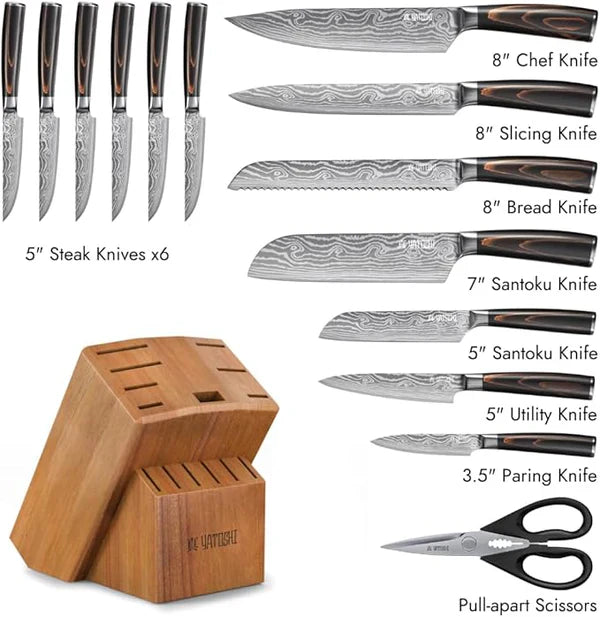 Yatoshi 15 Piezas — Cuchillos de Cocina Acero Inoxidable Alto Carbono
