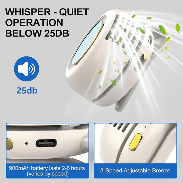 Ventilador Portátil de Clip Sin Aspas – 3 Velocidades, Recargable USB-C, Rotación 360°, Silencioso