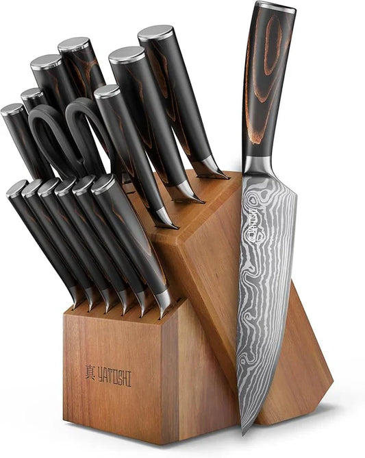 Yatoshi 15 Piezas — Cuchillos de Cocina Acero Inoxidable Alto Carbono