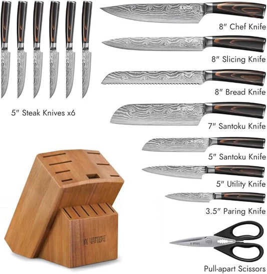 Yatoshi 15 Piezas — Cuchillos de Cocina Acero Inoxidable Alto Carbono