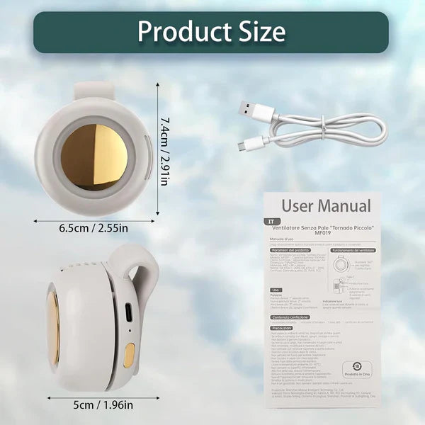 Ventilador Portátil de Clip Sin Aspas – 3 Velocidades, Recargable USB-C, Rotación 360°, Silencioso