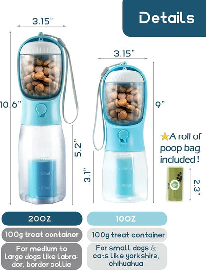 Dispensador Portátil para Perros 3 en 1 — Agua, Snacks y Bolsas para Paseos