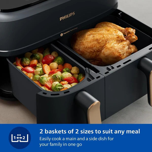 Oferta de Aniversario: Philips 3000 Series NA352/00 - Freidora de Aire Doble Cesta 9L, Tecnología RapidAir Plus, 8 Programas